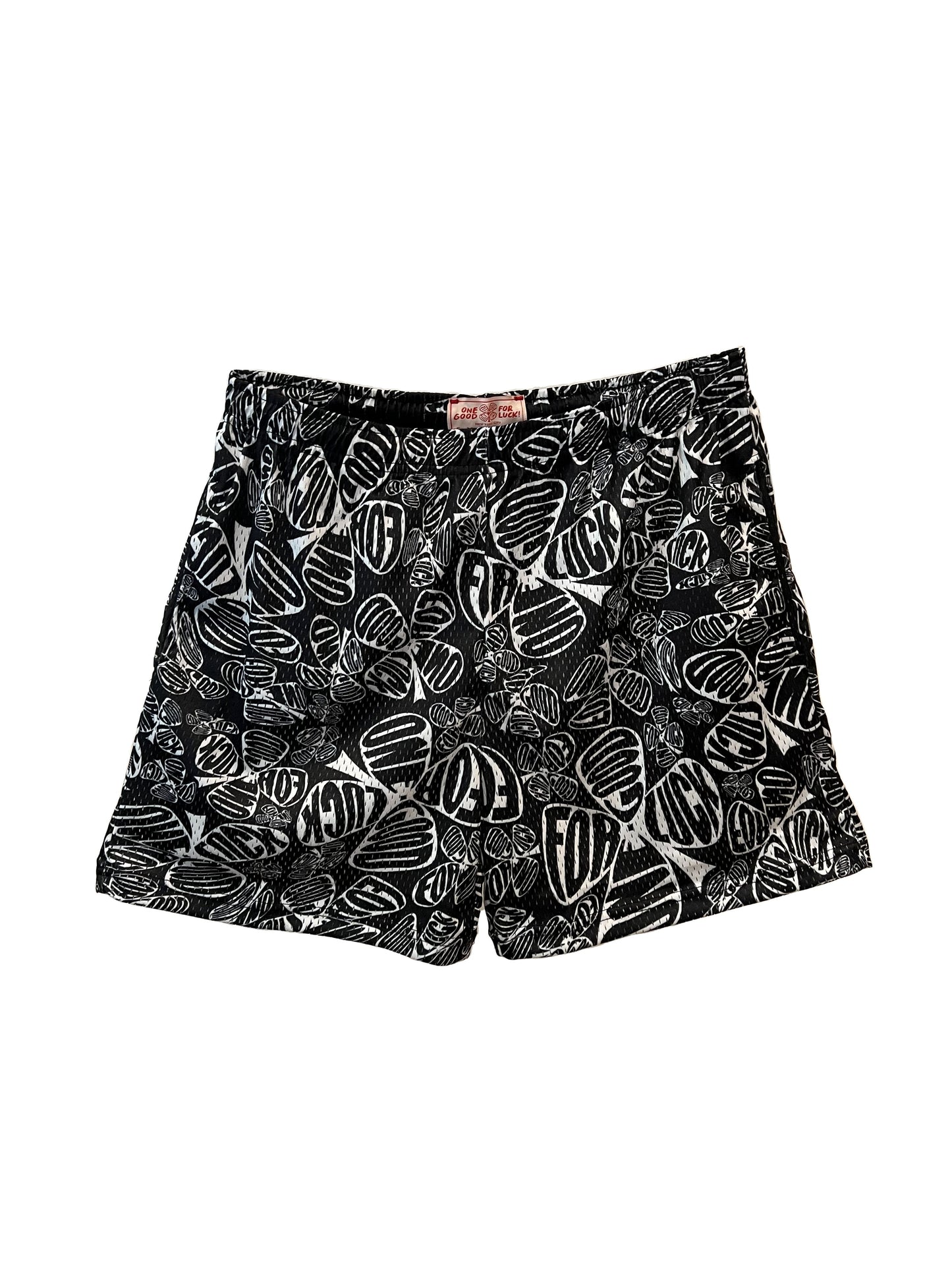 signature print mesh shorts / white on black - One For Good Luck!